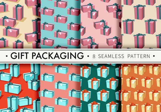 Mockup of 8 customizable repeatable patterns, gift boxes