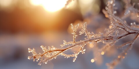Winter season outdoors landscape, frozen plants in nature covered with ice and snow, under the morning sun. Seasonal background for Christmas wishes and greeting card - obrazy, fototapety, plakaty