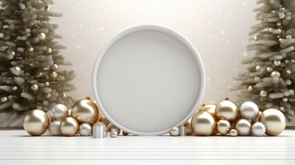 an empty white circle perfect for text or invitations, the space with luxury Christmas decorations, including a Christmas tree designed in a modern minimalist style for an elegant holiday scene.