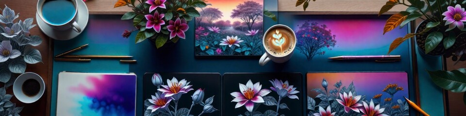 Picturesque banner coffee, flowers and paintings, background for your design for Valentine's Day or Women's Day