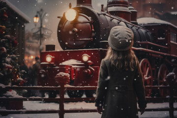 child gazing at a vintage steam train adorned with festive decorations amidst falling snow. - Powered by Adobe