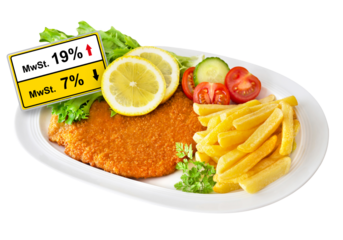 Schnitzel und Deutsche Mehrwertsteuer MWST 19 % und 7 %  Hintergrund transparent PNG cut out