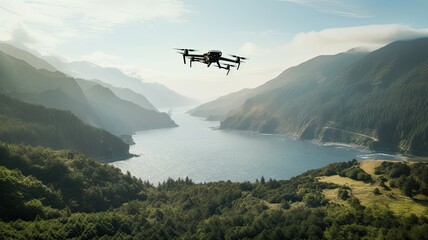 Fototapeta na wymiar a drone flight with an immersive photo showcasing the drone in action, a breathtaking view of the sea or mountains from the drone's perspective, creating a visually stunning scene.