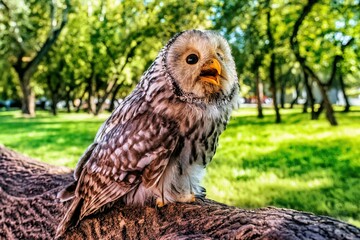 A beautiful owl, the Ural Owl, sits on a tree in the forest.