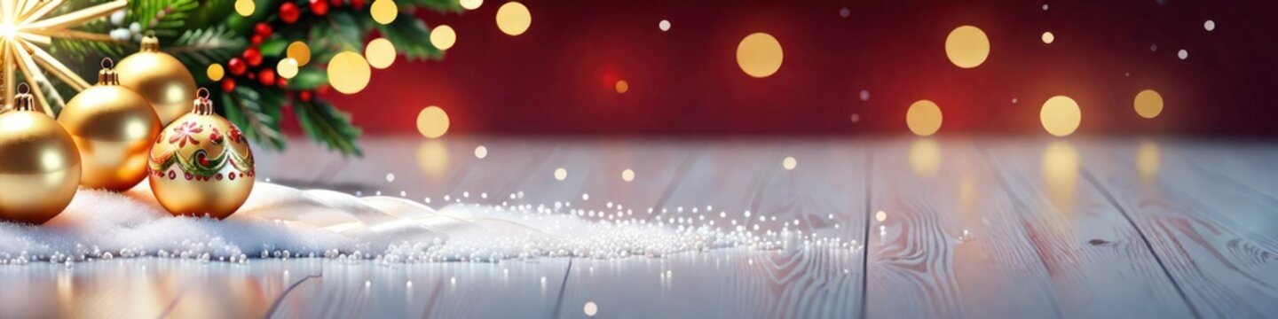 Abstract Christmas banner Christmas tree balls on simple wooden table on blurred red background, background for your design, place to insert text