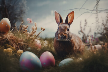 A curious brown rabbit among colorful Easter eggs nestled in spring grass with soft-focus flowers and a dreamy sky. - Powered by Adobe
