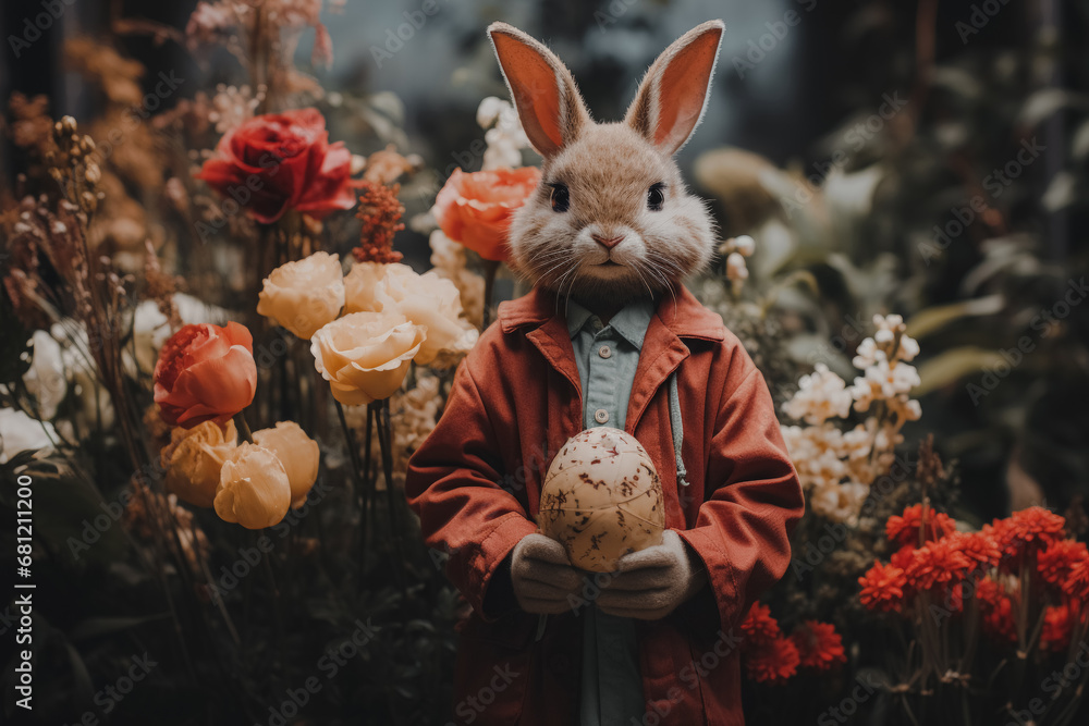 Poster anthropomorphic rabbit in a red jacket holding an egg, surrounded by a vibrant array of spring flowe