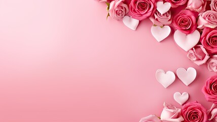 red hearts and roses against a bright and colorful backdrop, a pink background to create a visually striking scene, leaving ample space for text to convey messages of love and affection.