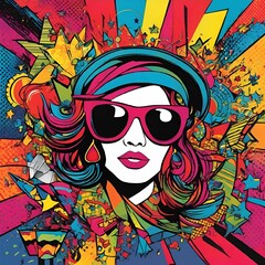 Fototapeta na wymiar art illustration of a young woman wearing red sunglasses against a vibrant, colorful background