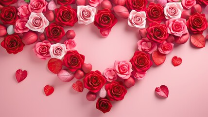 Obraz premium red hearts and roses against a bright and colorful backdrop, a pink background to create a visually striking scene, leaving ample space for text to convey messages of love and affection.
