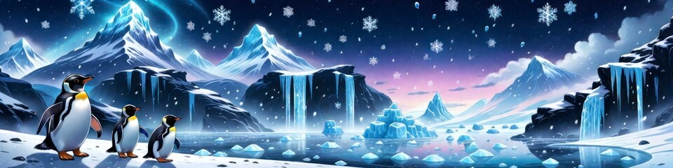 Christmas banner in the style of children's illustration penguins on an ice floe, background for your design