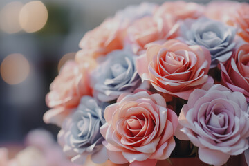 A bouquet of artificial roses in soft pink and lavender hues, with a dreamy bokeh background creating a romantic atmosphere.