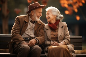 Happy Cheerful senior couple sitting on a bench in public park together having fun lifestyle. Perfect activities for elderly people. Happy mature couple in park at fall. Generative AI - obrazy, fototapety, plakaty