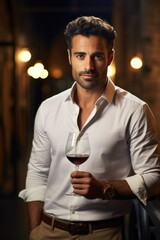 A handsome wine expert with glass of wine during tasting in a cellar or distillery in a warehouse