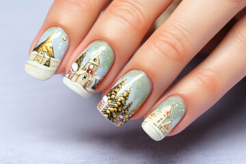 Woman's hands with manicured nail with Christmas ornaments - obrazy, fototapety, plakaty
