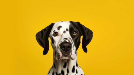 Close-up of joyful Dalmatian on clean yellow backdrop.