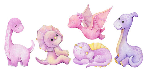 Cute dinosaurs, pink flowers, cartoon style, on an isolated background. Watercolor set, animals