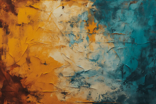 An abstract textured painting with a striking palette of turquoise and orange, evoking a sense of earth and sky meeting.