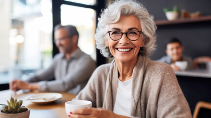 Beautiful mature smiling woman with short grey hair enjoying company and coffee at a cafe. Active lifestyle positive mindset concept