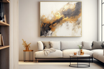 Modern living room interior with a large gold and black abstract painting above a comfortable white sofa.
