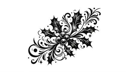 a refined tattoo design with a festive holly branch, in a style similar to the previous elegant designs, on a white background