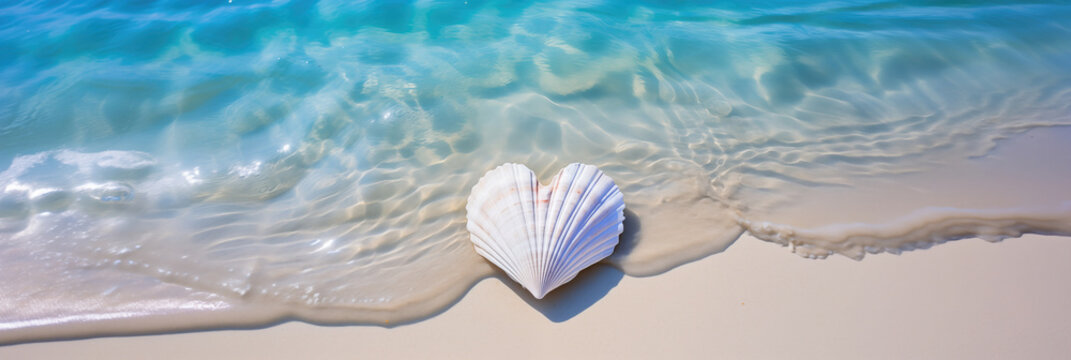 white heart shaped seashell lying in the sand with the blue sea and soft waves in background