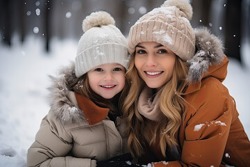Close-up portrait of a mother and daughter in knitted hats and warm clothes in a winter park