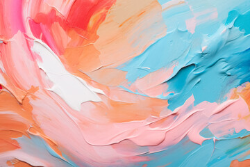 Close-up of vibrant abstract painting with swirling strokes of pink, blue, and orange acrylic on canvas.