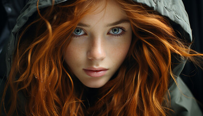 Fototapeta premium Beautiful woman with long brown hair looking at camera outdoors generated by AI