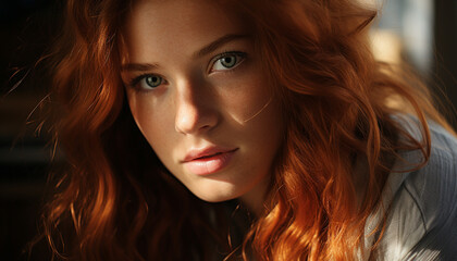 Naklejka premium Beautiful young woman with long brown hair looking at camera generated by AI