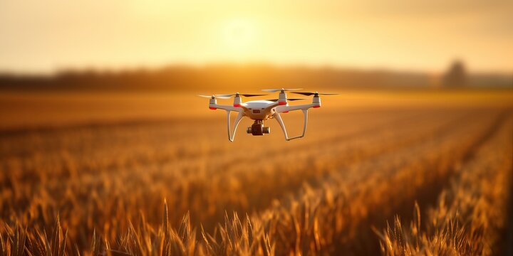 A drone flying over a golden wheat field at sunset, smart tech used for monitoring the fields in agriculture, automation innovation through artificial intelligence