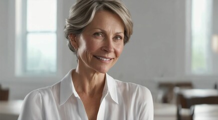 Mujer adulta con piel facial suave y saludable. Hermosa mujer madura, lindo corte de pelo y cara sonriente feliz. Concepto publicitario de belleza y cosmética para el cuidado de la piel y el cabello.