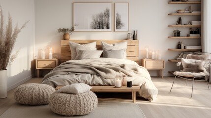 Calm and neutral-toned bedroom with wooden elements, floating shelves, and cozy knitted poufs for a relaxing ambiance.