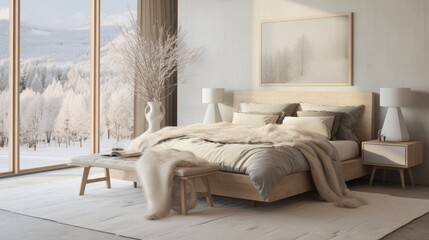 Luxurious bedroom with a scenic winter view, featuring a plush bed, faux fur throw, and soft, warm lighting.