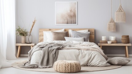 Serene bedroom with neutral tones, featuring a cozy bed, textured throws, and natural wood bedside decor.