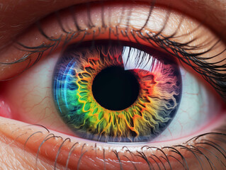 Eye with bright rainbow colored pupil close-up - obrazy, fototapety, plakaty