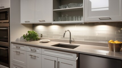 Elegant kitchen with grey countertops, white cabinets, and LED backlighting, with a touch of greenery.