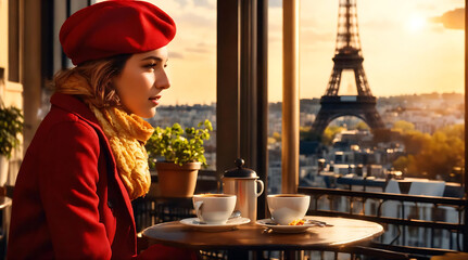 Stylish one young adult caucasian girl in red beret with cup of coffee in parisian street cafe on Eiffel tower background. woman sit in autumn fall in Paris. winter time. breakfast time. Generative ai - obrazy, fototapety, plakaty