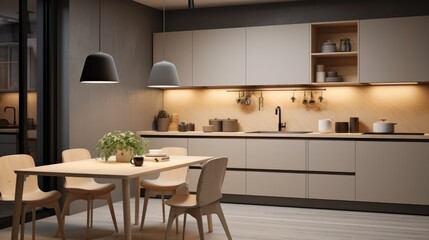 Fototapeta na wymiar Modern kitchen with sleek beige cabinetry and hanging black and grey lamps over a wooden dining table.