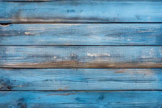 A vibrant blue painted wooden plank texture with visible grain and knots, perfect for a rustic or coastal themed backdrop in creative projects.