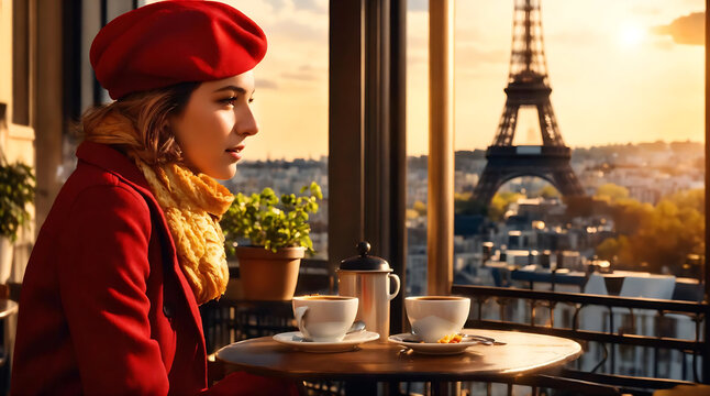 Stylish one young adult caucasian girl in red beret with cup of coffee in parisian street cafe on Eiffel tower background. woman sit in autumn fall in Paris. winter time. breakfast time. Generative ai