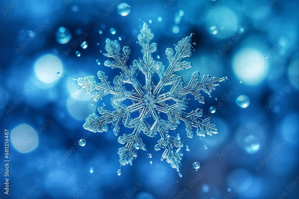 Aufkleber snowflake on a blue background with bokeh and snowflakes