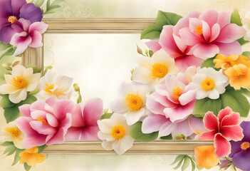 Group of animated scattered flowers around golden frame