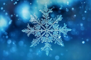 Fototapeta na wymiar Beautiful snowflake on blue bokeh background, close up
