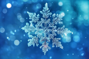 Fototapeta na wymiar Snowflake on blue bokeh background. Winter holiday concept.