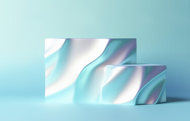 A three-dimensional geometric forms from a neon holographic material on light pastel background. Empty podiums for presentation products.