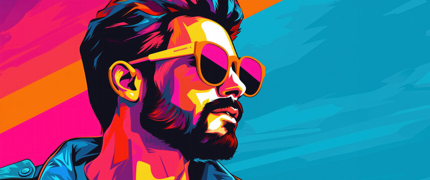 Flat illustration of fashion hipster guy wearing sunglasses, closeup portrait, Vibrant Pop Art Fusion. Banner with copy space