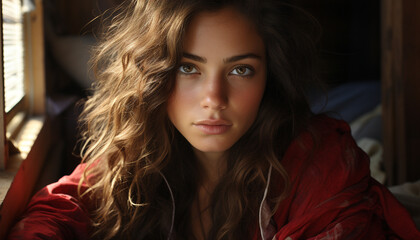 Fototapeta premium Young woman with long brown hair looking at camera, smiling generated by AI