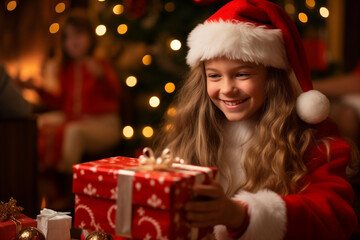 little girl in santa hat with christmas presents at christmas eve. Christmas tree blurred in background.