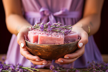 Hand holding artisanal lavender and rose soap. - obrazy, fototapety, plakaty